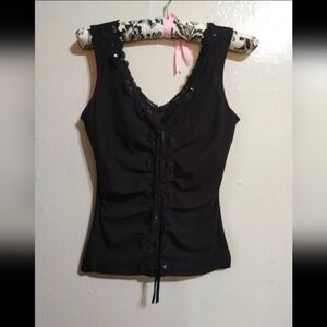 Vintage Black Lace Top Women's Y2K Gothic black ruffle lace mesh Sequin top…